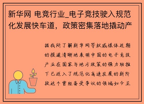 新华网 电竞行业_电子竞技驶入规范化发展快车道，政策密集落地撬动产业新局