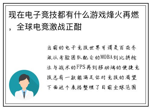 现在电子竞技都有什么游戏烽火再燃，全球电竞激战正酣